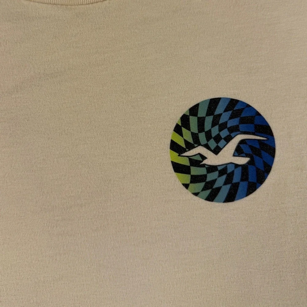 Hollister L Tan Long Sleeve Graphic Tee | Retro Spiral Logo Curved Hem Skater - Picture 4 of 9